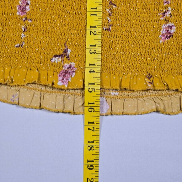 Japna Yellow Smocked Floral Crop Top Size L Square Neck Ruffle Hem Boho Stretchy - Picture 9 of 12
